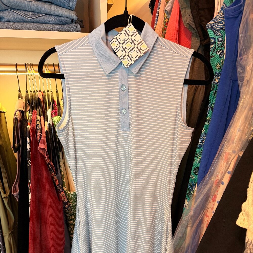 Turtles and Tees Gigi Dress in Blue Line Drive Size Small NWT